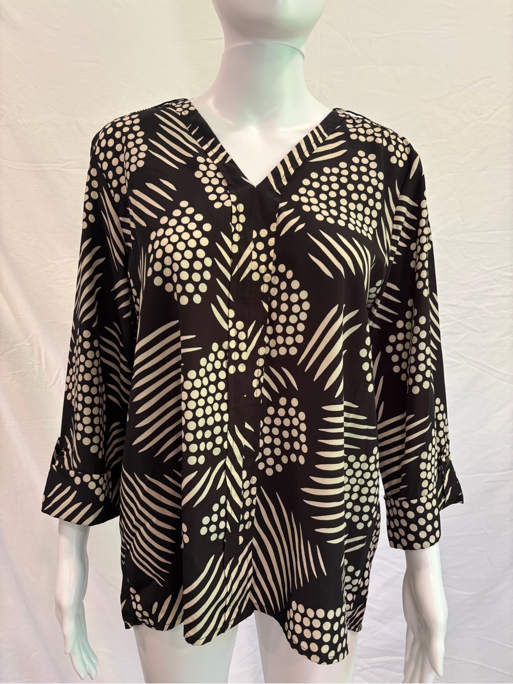 Mango Black & Cream Abstract Dot V-Neck Tunic